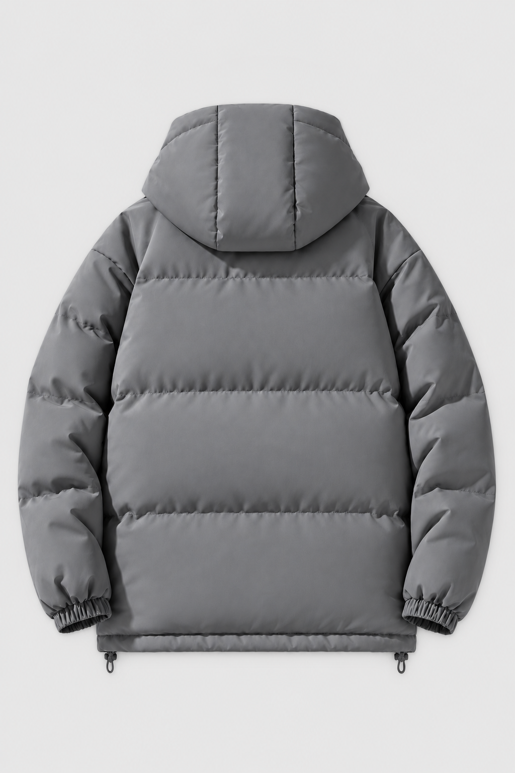Unisex oversized grey hooded padded winter jacket, back view