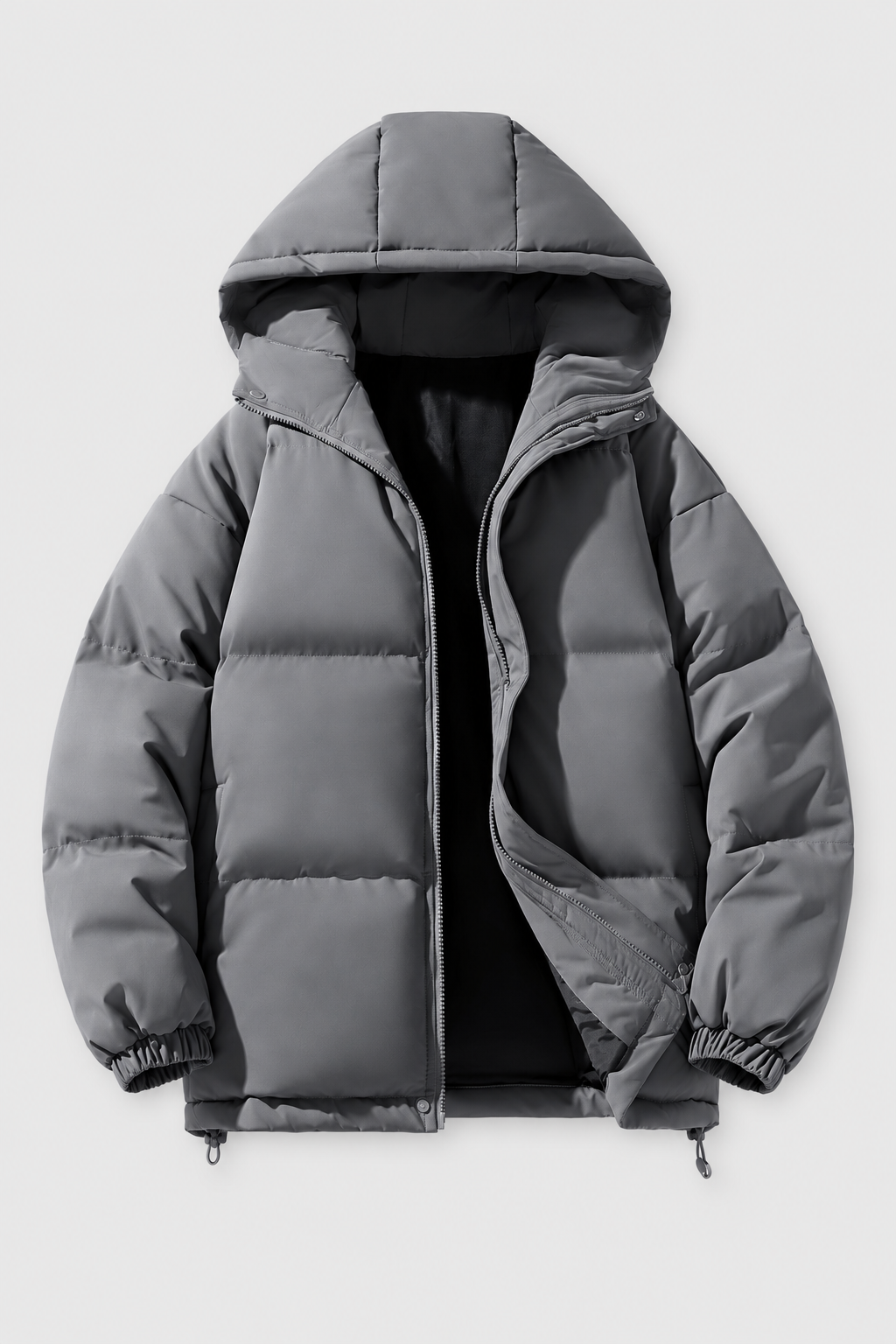 Unisex oversized grey hooded padded winter jacket, front view