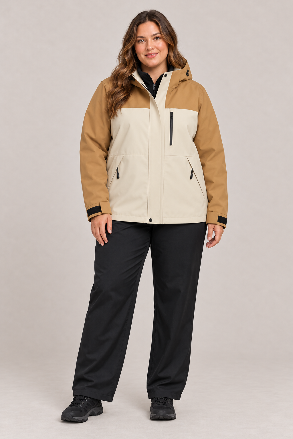 Full length styling view of Desert Sand and Warm Ivory jacket