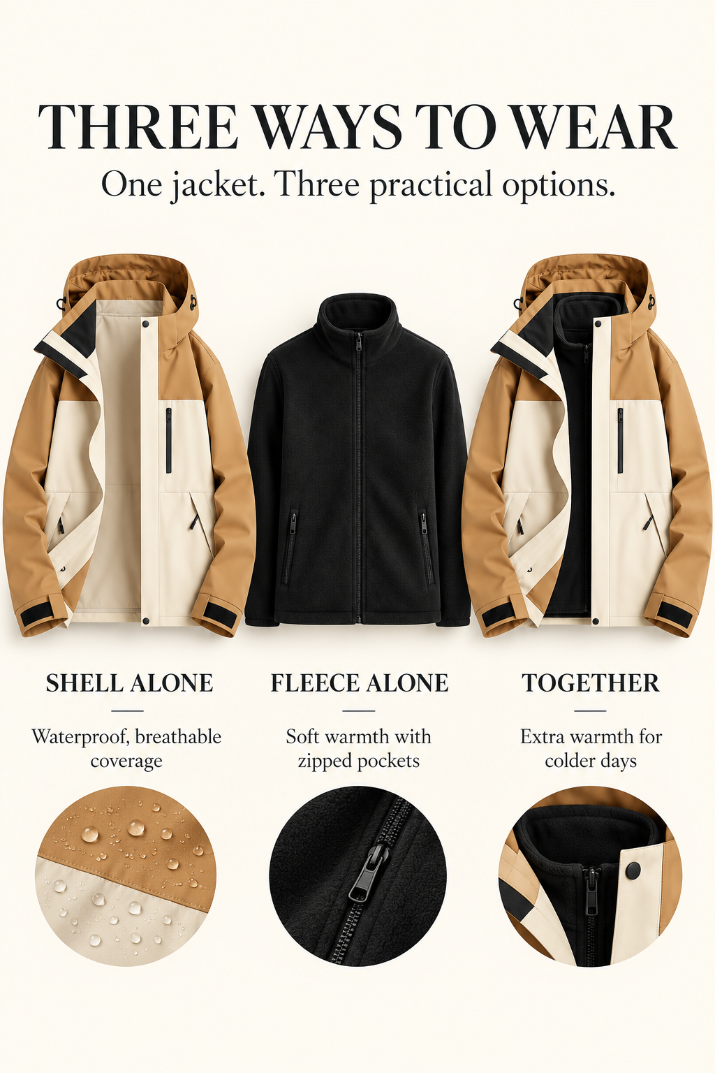 Three ways to wear the waterproof shell and zipped fleece jacket