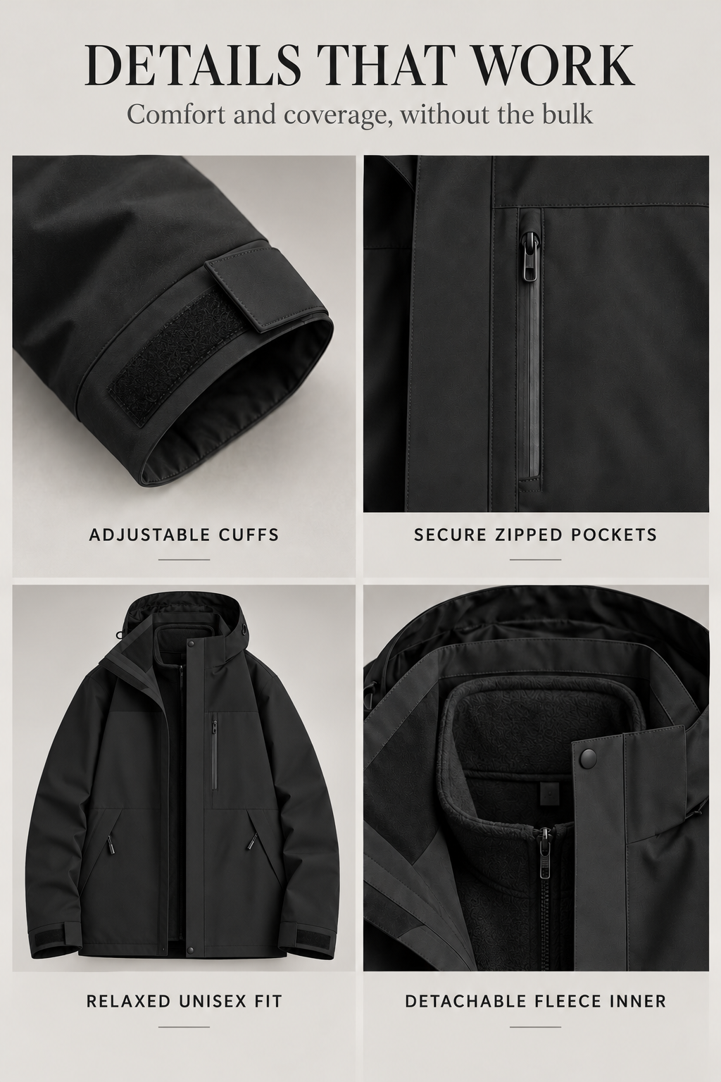 Adjustable cuffs zipped pockets and detachable fleece details