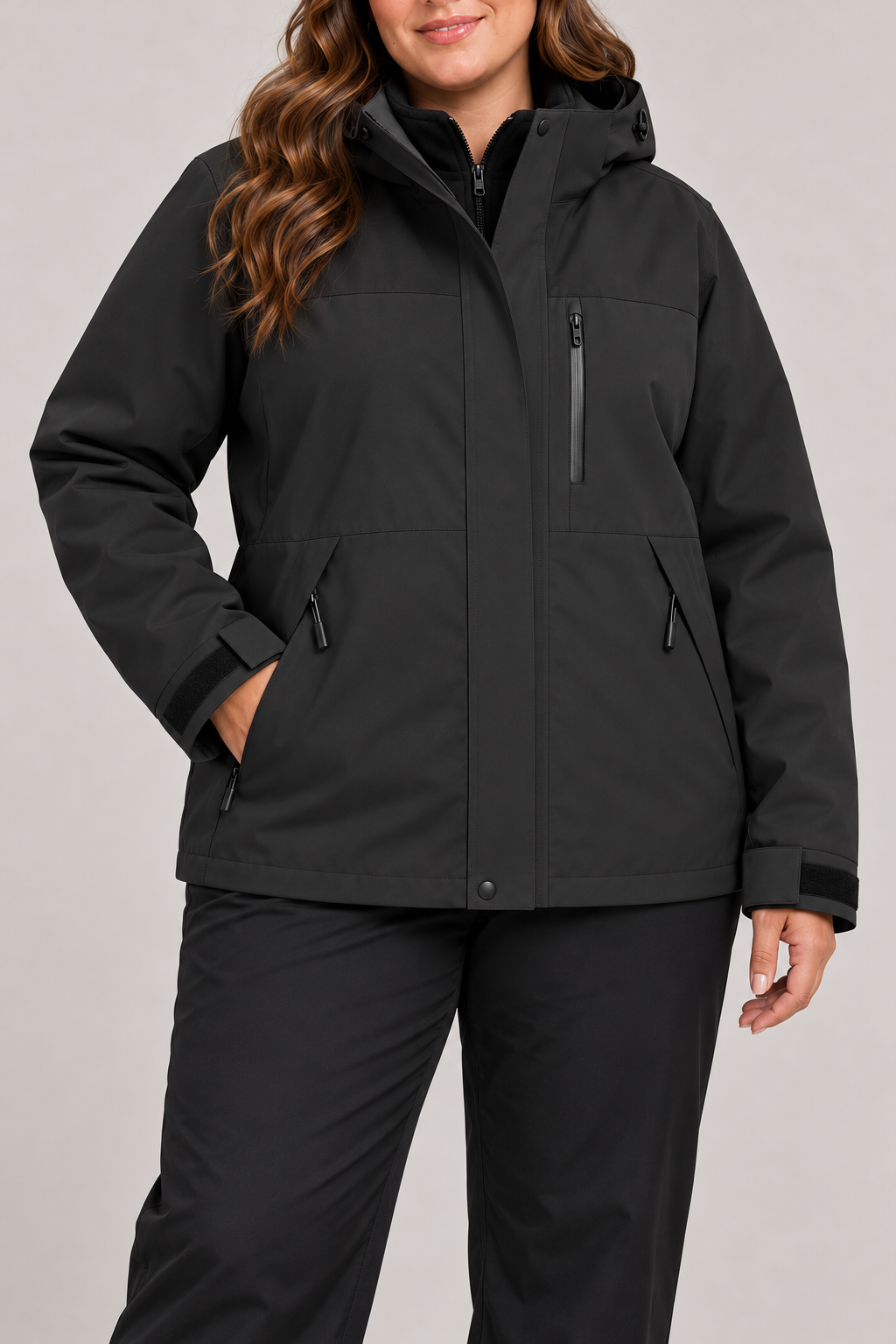 Plus size model wearing Obsidian Black 3-in-1 jacket