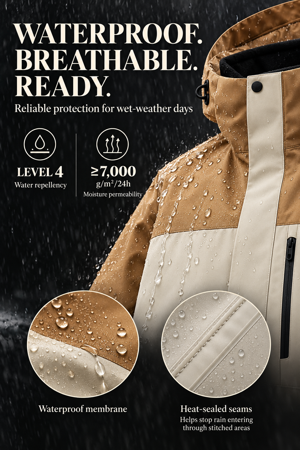 Plus size waterproof jacket with level 4 water repellency breathable membrane and sealed seams