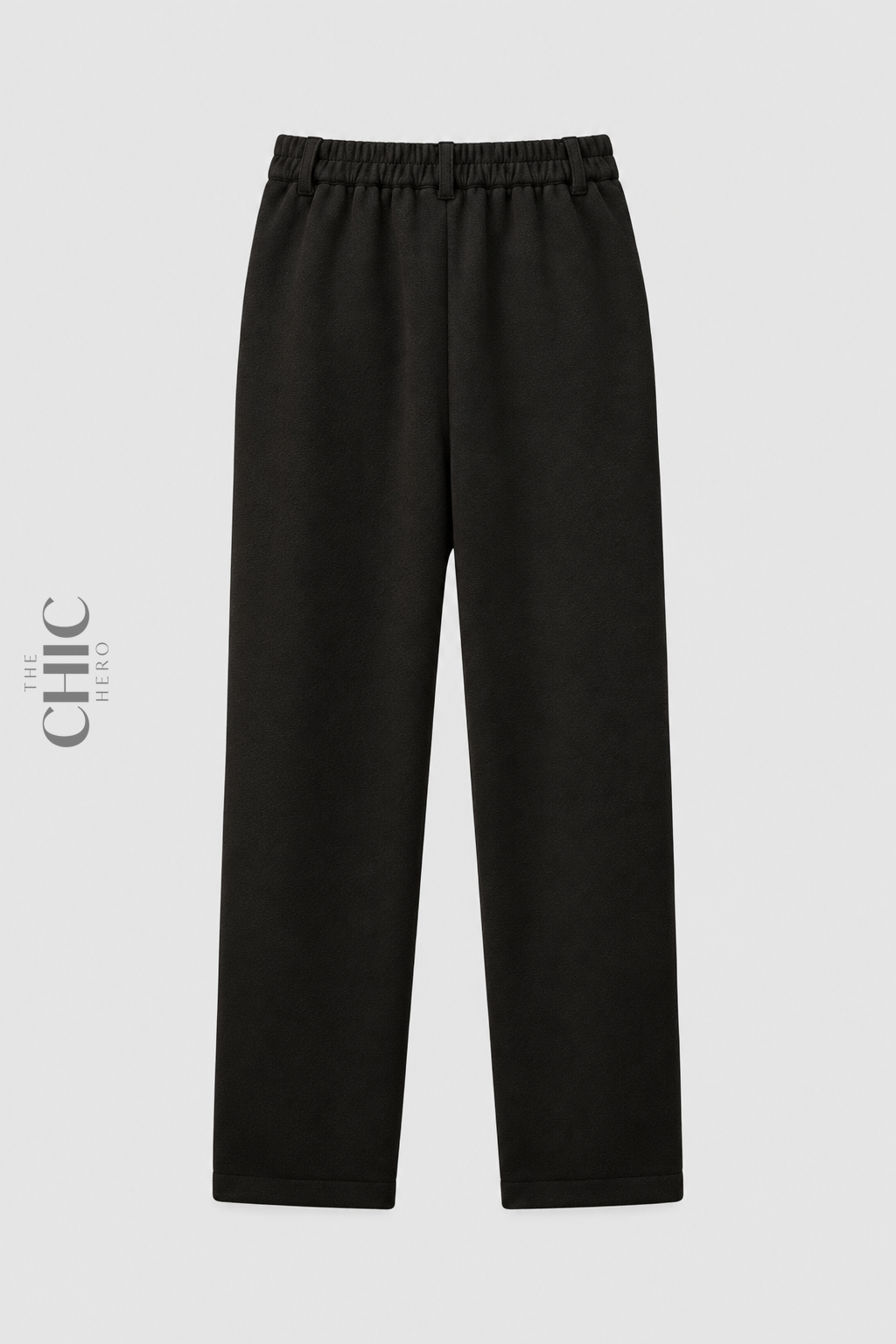 Plus size black fleece-lined relaxed trousers with elasticated back waist, back view