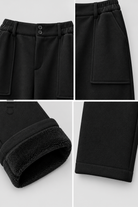 Black fleece-lined trousers showing double-button waist, patch pocket, plush lining and hem details