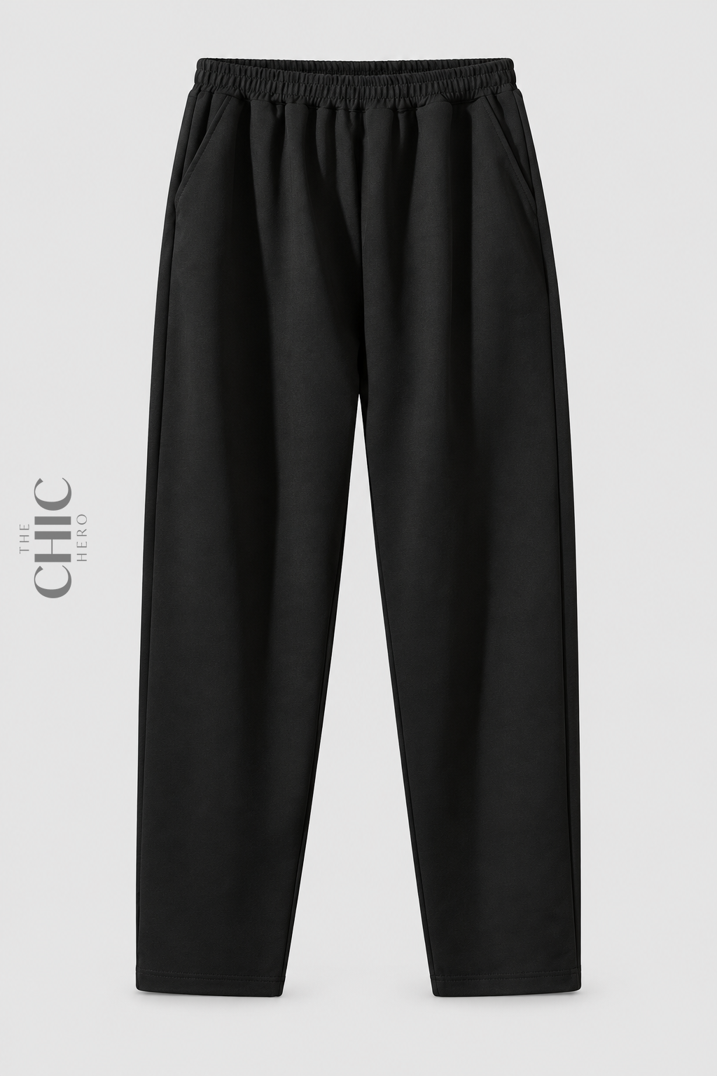 Front view of women's plus size black pull-on straight-leg trousers with an elasticated waist and side pockets