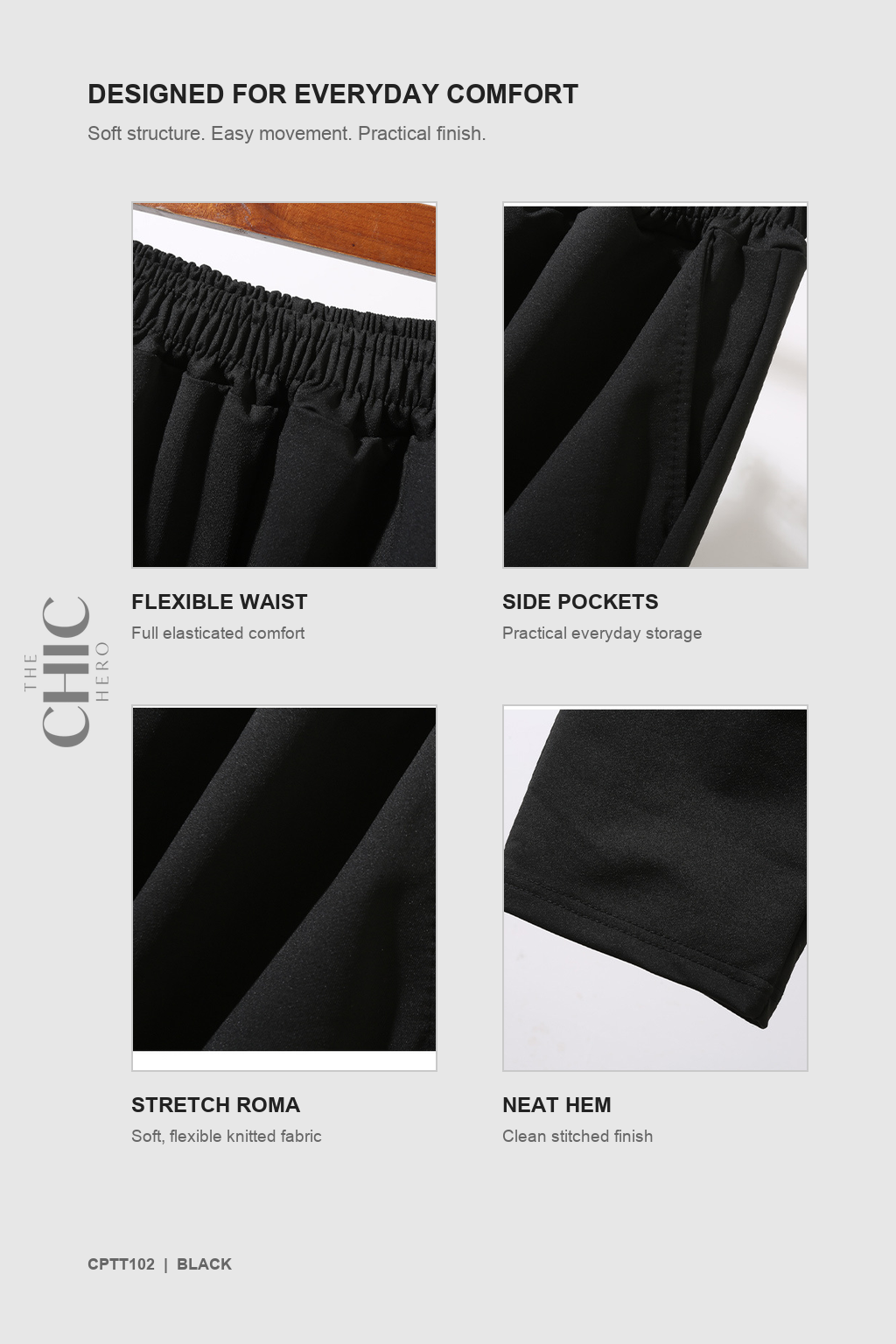 Close-up details of the elasticated waist, side pocket, stretch Roma fabric and stitched hem