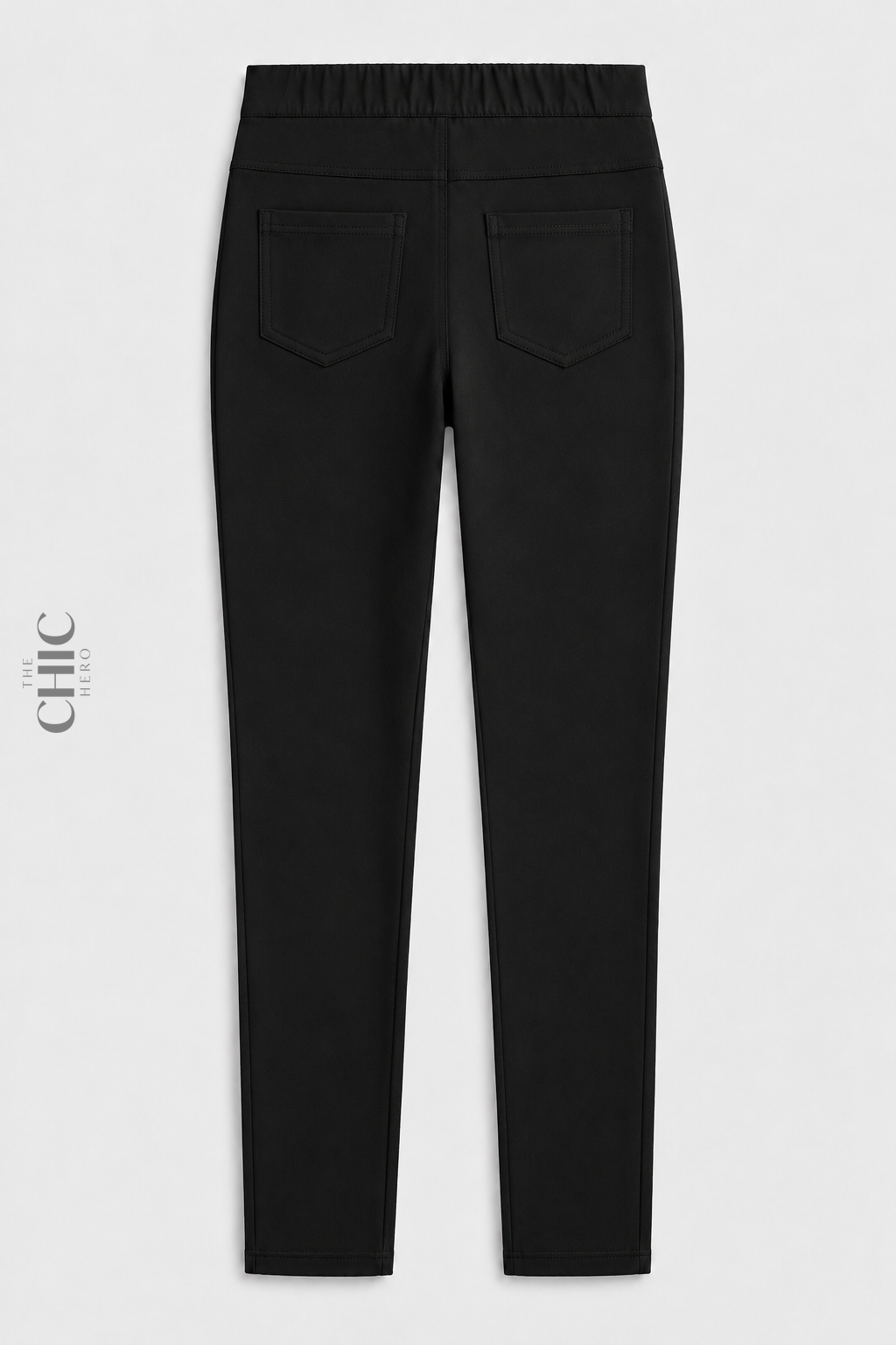 Black high-rise stretch pencil trousers, back view with two patch pockets