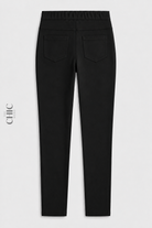Black high-rise stretch pencil trousers, back view with two patch pockets