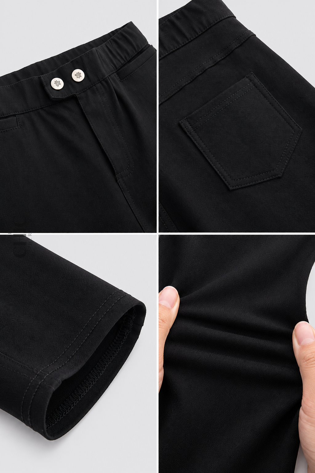 Double-button waist, back pocket, ankle hem and stretch-fabric details of black pencil trousers