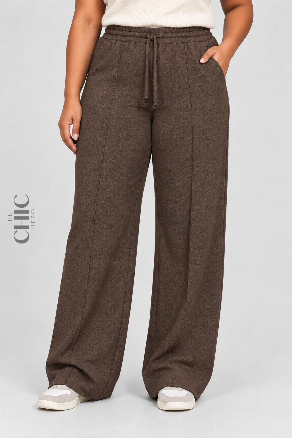 Women's coffee brown plus size ribbed wide-leg trousers with a drawstring waist and side pockets