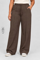 Women's coffee brown plus size ribbed wide-leg trousers with a drawstring waist and side pockets