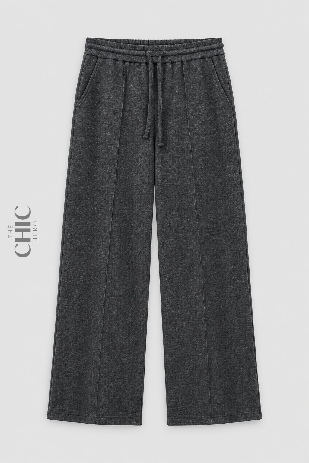 Dark grey ribbed wide-leg trousers front view with drawstring waist and pockets