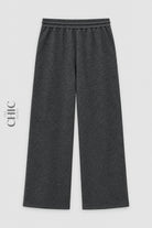 Dark grey ribbed wide-leg trousers back view with elasticated waistband