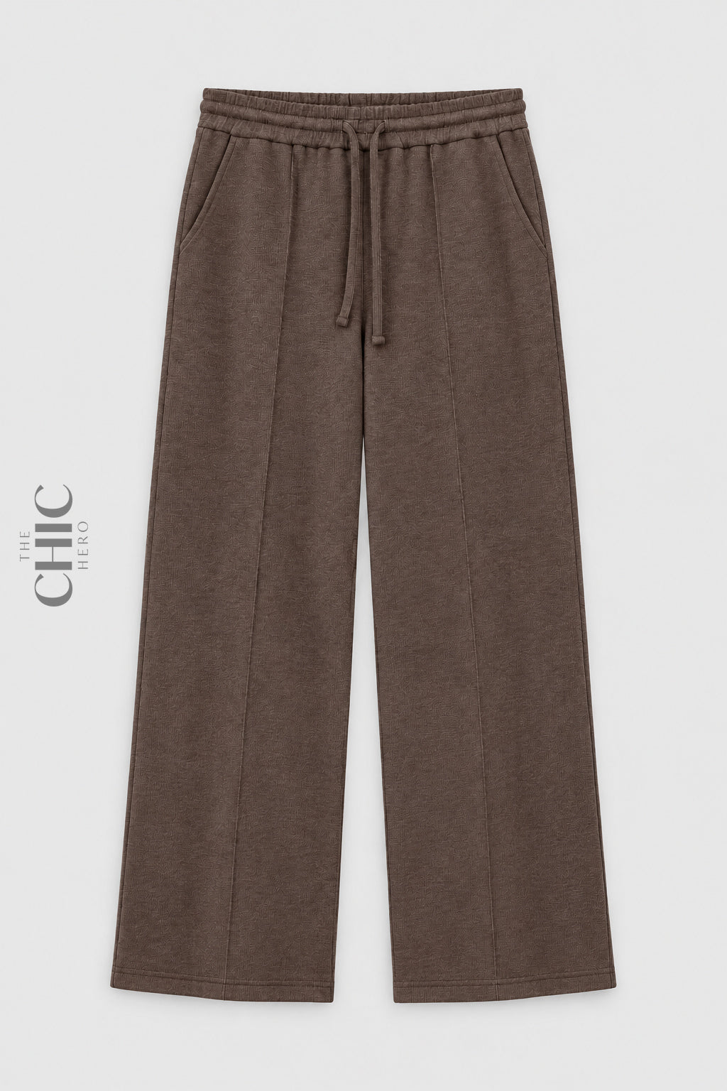 Coffee brown ribbed wide-leg trousers front view with drawstring waist and pockets