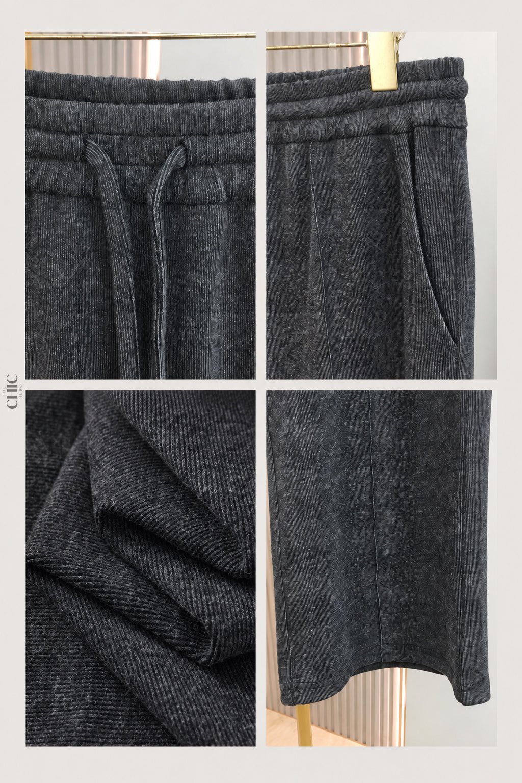 Close-up details of the drawstring waistband, slanted pocket, ribbed fabric and trouser hem