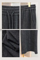 Close-up details of the drawstring waistband, slanted pocket, ribbed fabric and trouser hem