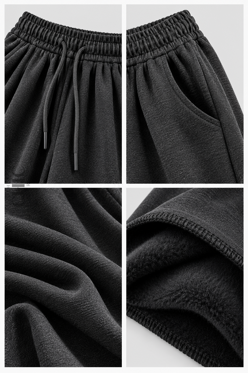 Close-up details of the elastic drawstring waist, side pocket, soft drape and fleece lining