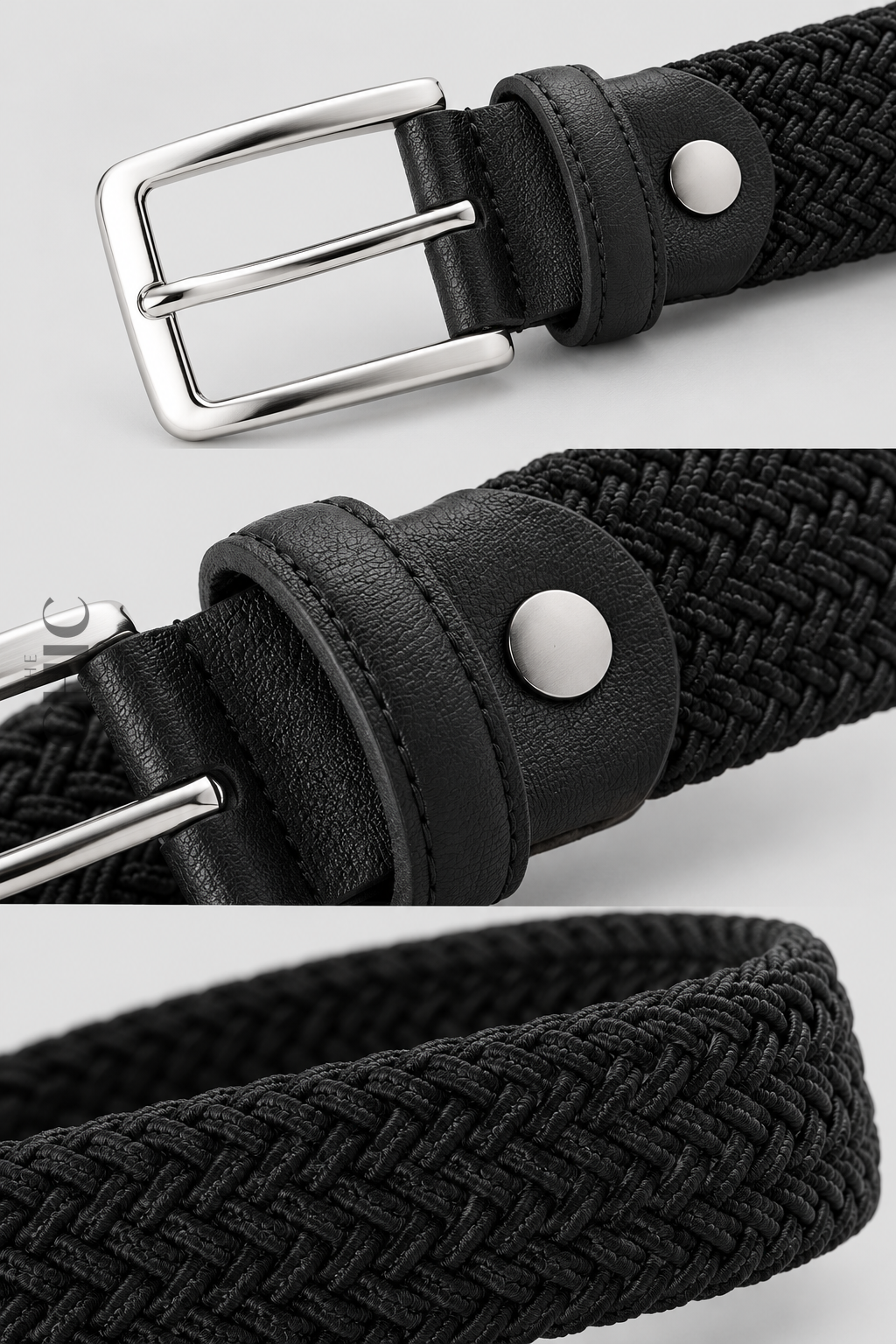 Black braided belt details showing the buckle, stitching, rivet, textured trim and elastic weave
