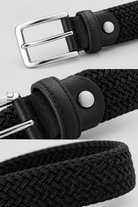 Black braided belt details showing the buckle, stitching, rivet, textured trim and elastic weave