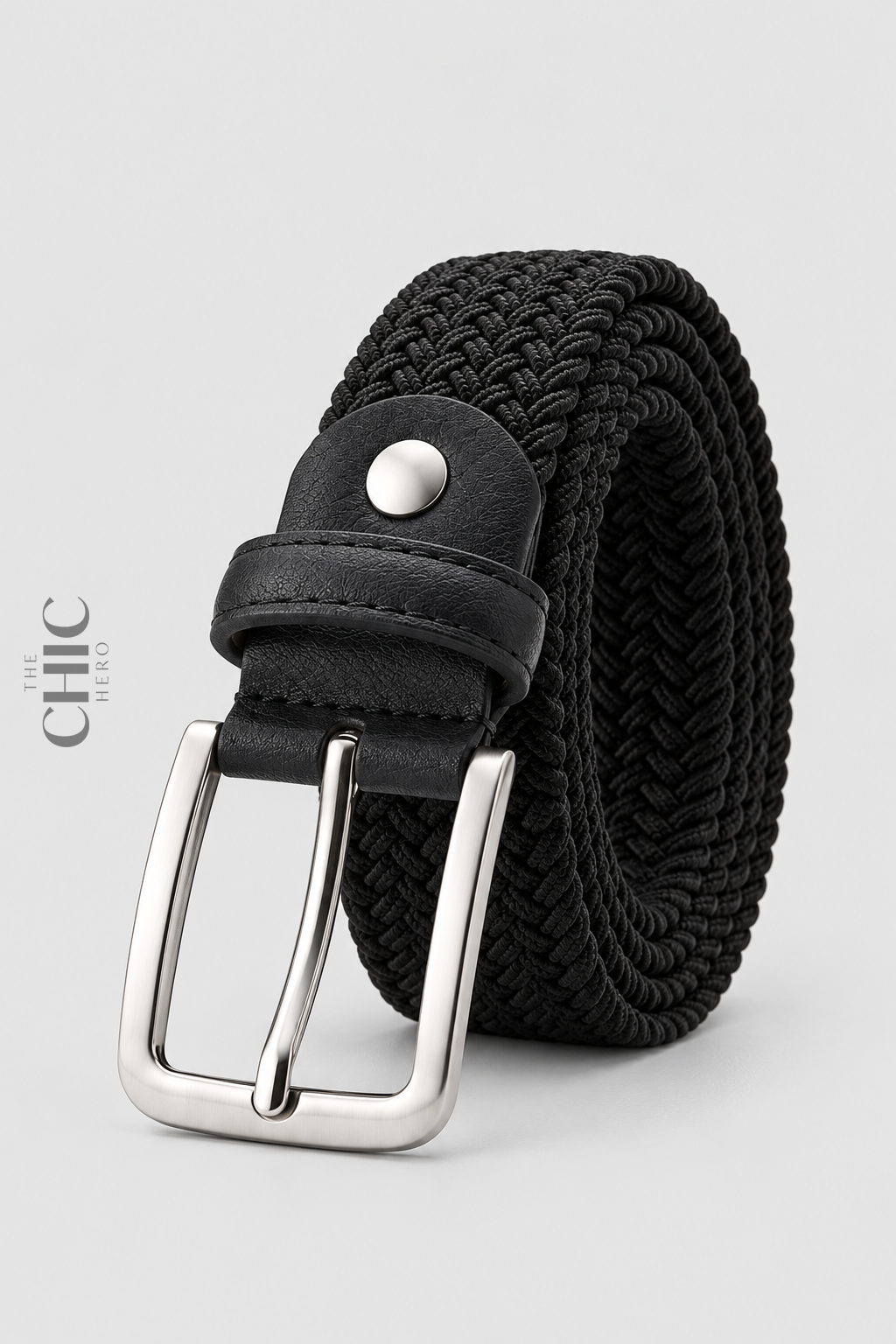Black unisex casual braided belt with silver-tone buckle and coarse-grain trim