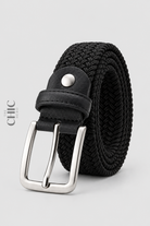 Black unisex casual braided belt with silver-tone buckle and coarse-grain trim