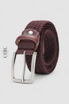 Deep brown unisex casual braided belt with silver-tone buckle and coarse-grain trim