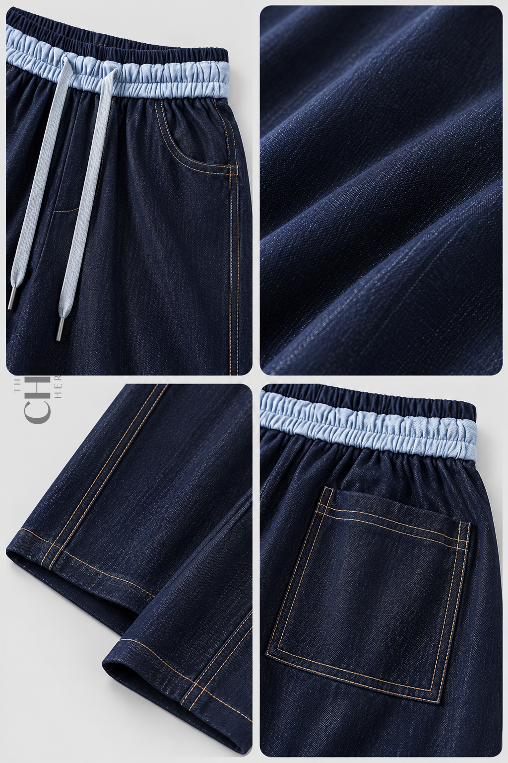Denim blue trousers details showing the elastic waist, drawcord, pockets, fabric and contrast stitching