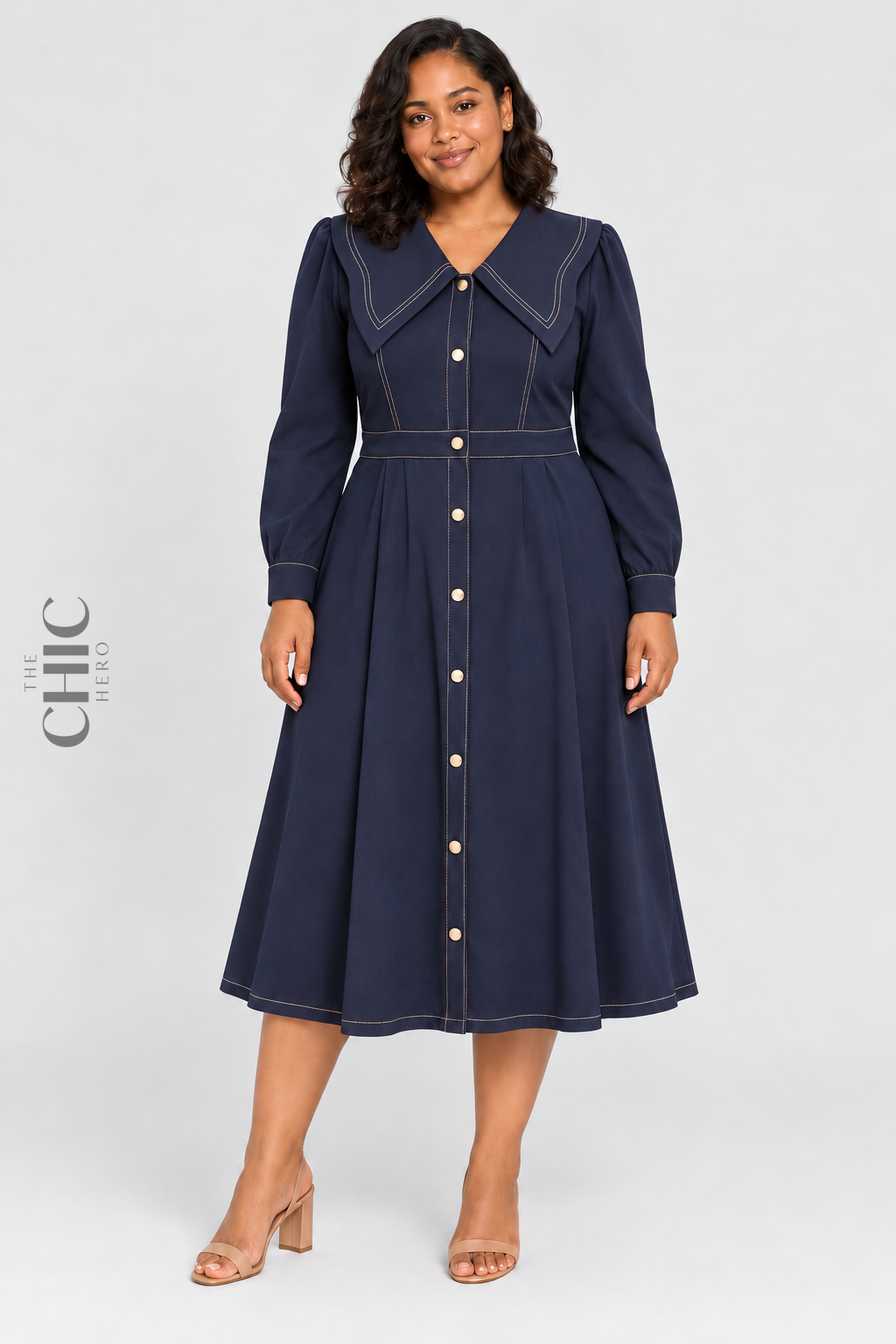The Chic Hero navy sailor collar midi dress front view on a plus size model