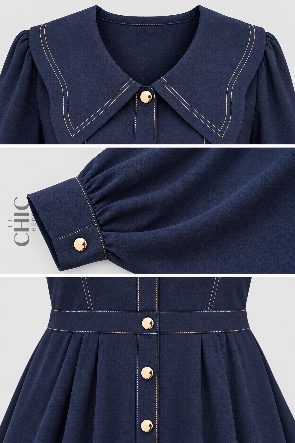 Navy midi dress details showing the sailor collar, cuffs, buttons and contrast stitching