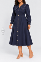 Navy contrast-stitch sailor collar midi dress three-quarter view