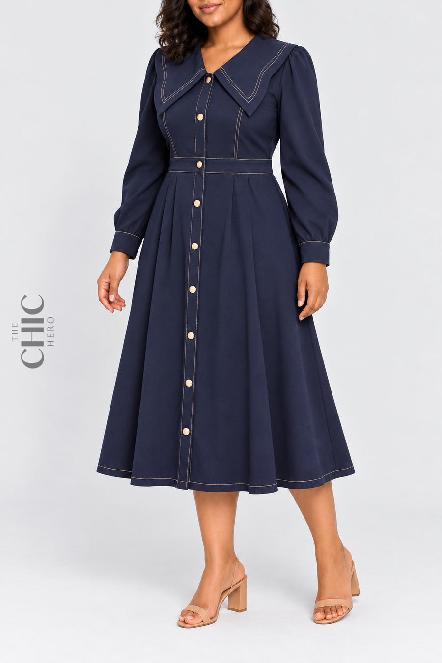 Contrast-Stitch Sailor Collar Midi Dress