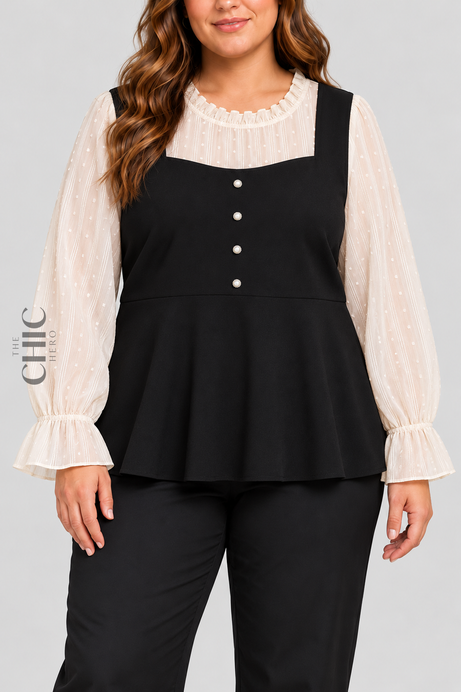 Faux-Layered Pearl Button Peplum Top