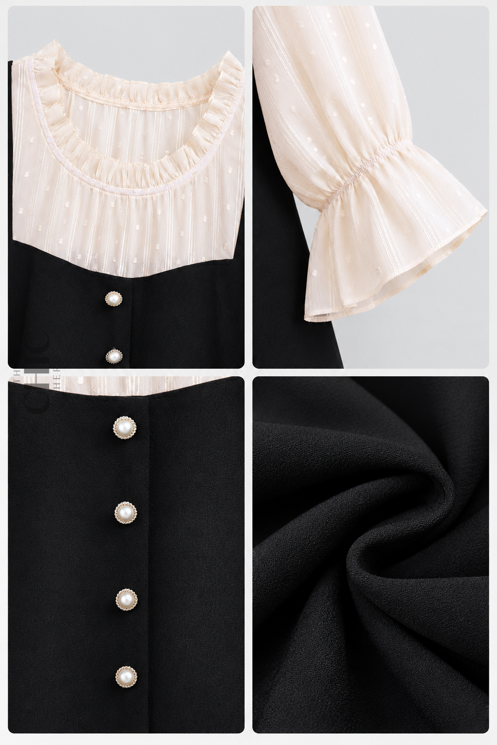Black and ivory top details showing the textured neckline, flared cuff, pearl-style buttons and fabric