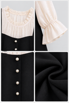 Black and ivory top details showing the textured neckline, flared cuff, pearl-style buttons and fabric