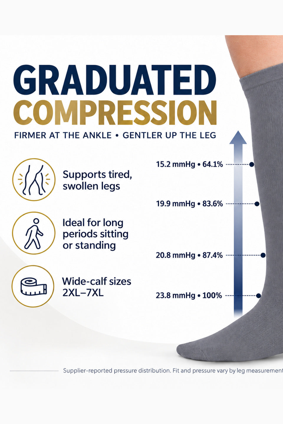 Grey Wide-Calf Graduated Compression Socks 15–24 mmHg – 2XL–7XL – graduated compression