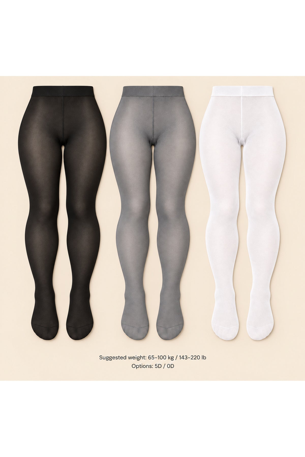 Three pairs of full-length tights shown on invisible mannequin legs against a light beige background: black on the left, gray in the center, and white on the right. Small text at the bottom reads 'Suggested weight: 65-100 kg / 143-220 lb' and 'Options: 50 / OD'.