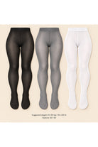 Three pairs of full-length tights shown on invisible mannequin legs against a light beige background: black on the left, gray in the center, and white on the right. Small text at the bottom reads 'Suggested weight: 65-100 kg / 143-220 lb' and 'Options: 50 / OD'.