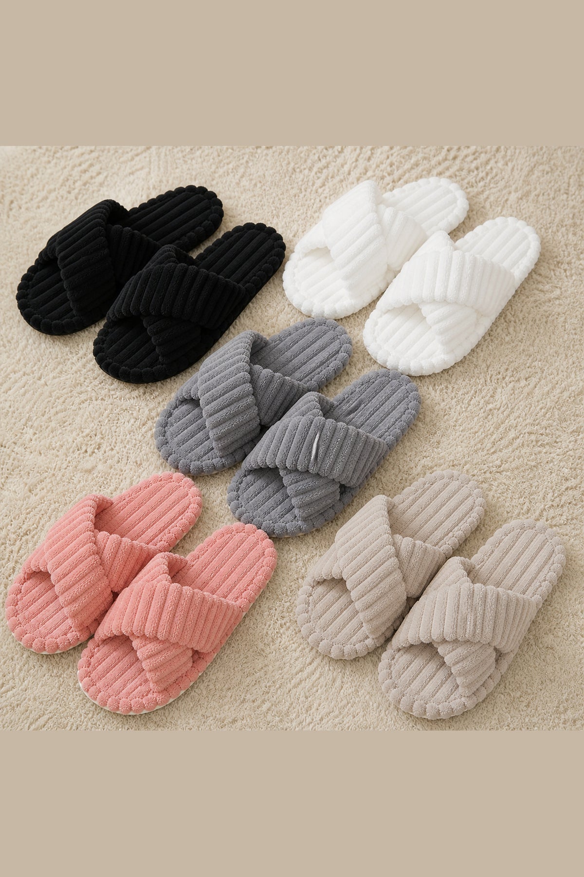 Women's plush cross-band house slippers in beige