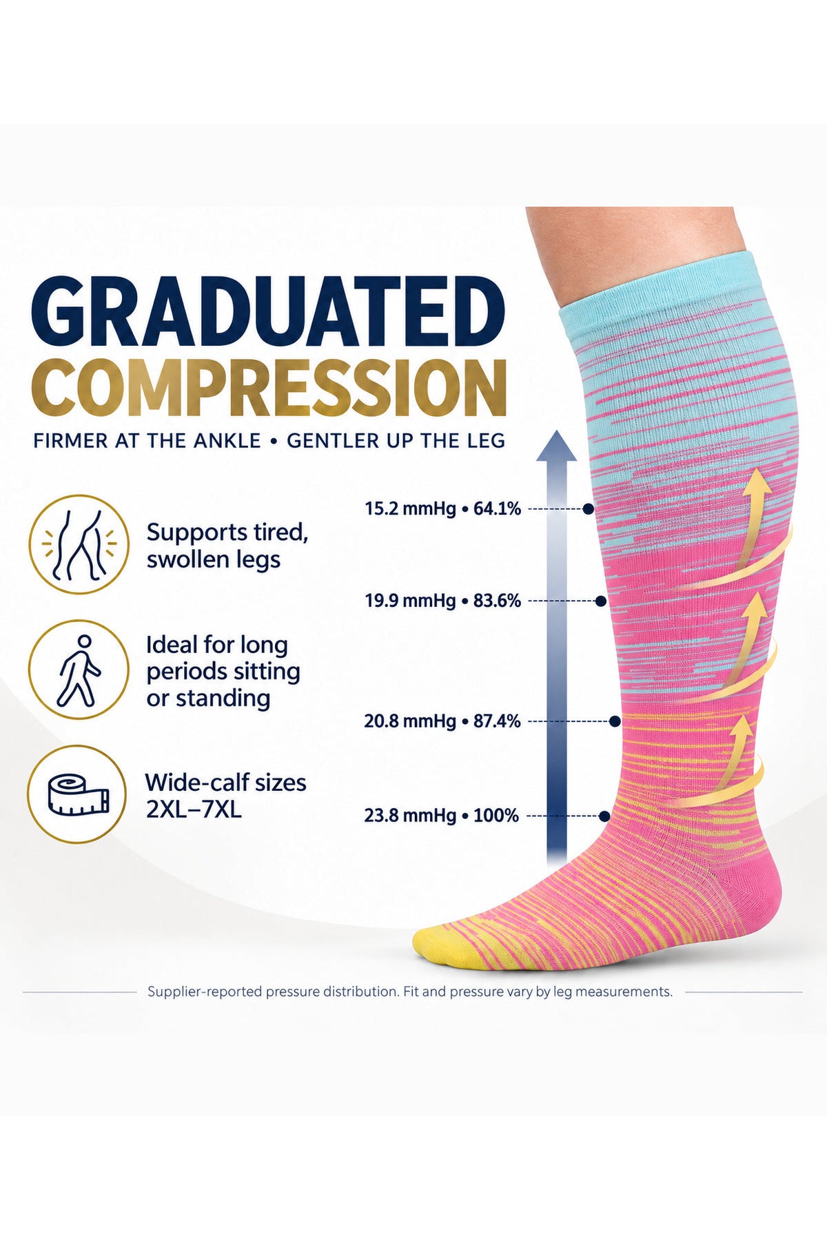 Blue & Pink Fine-Line Wide-Calf Graduated Compression Socks 15–24 mmHg – 2XL–7XL – graduated compression