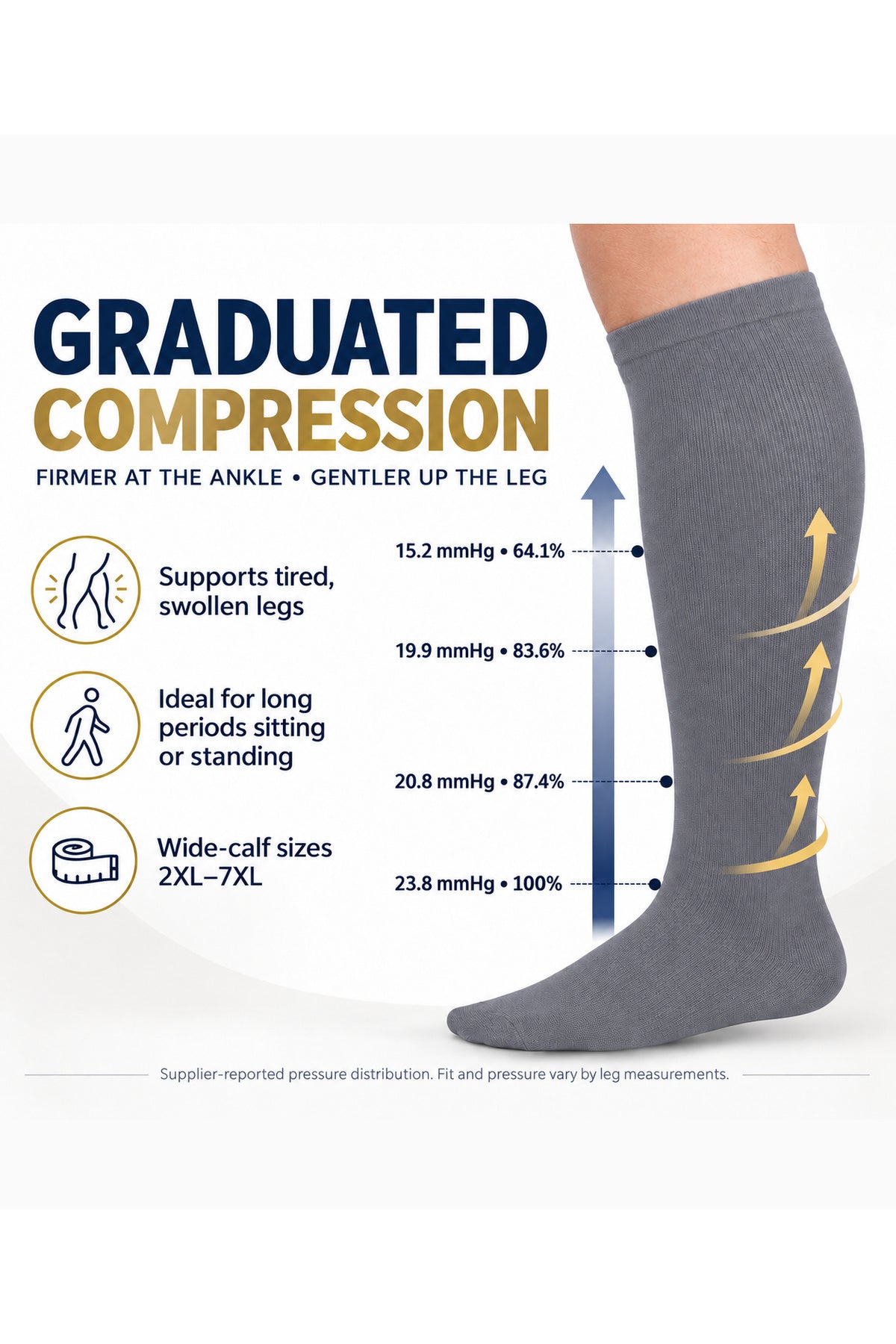 Grey Wide-Calf Graduated Compression Socks 15–24 mmHg – 2XL–7XL – graduated compression