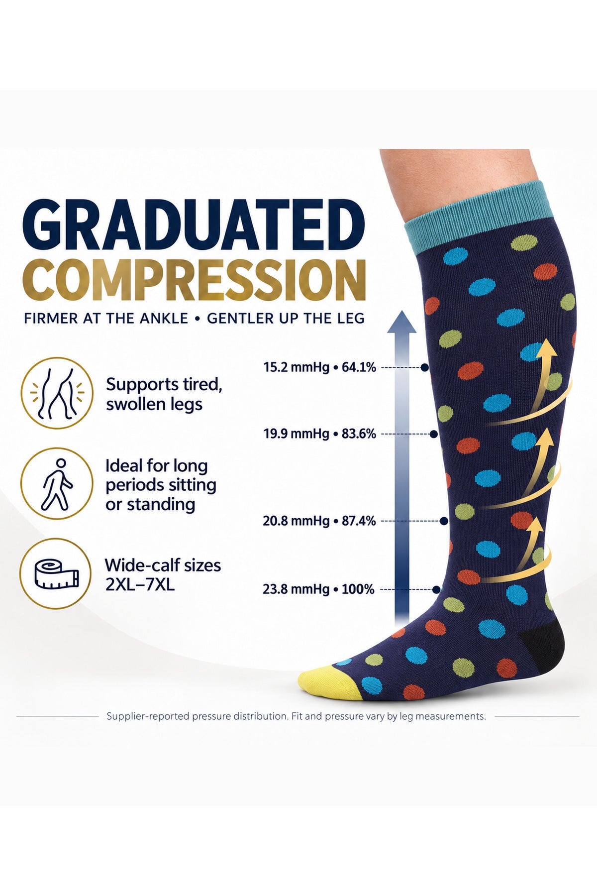 Multicolour Polka Dot Wide-Calf Graduated Compression Socks 15–24 mmHg – 2XL–7XL – graduated compression