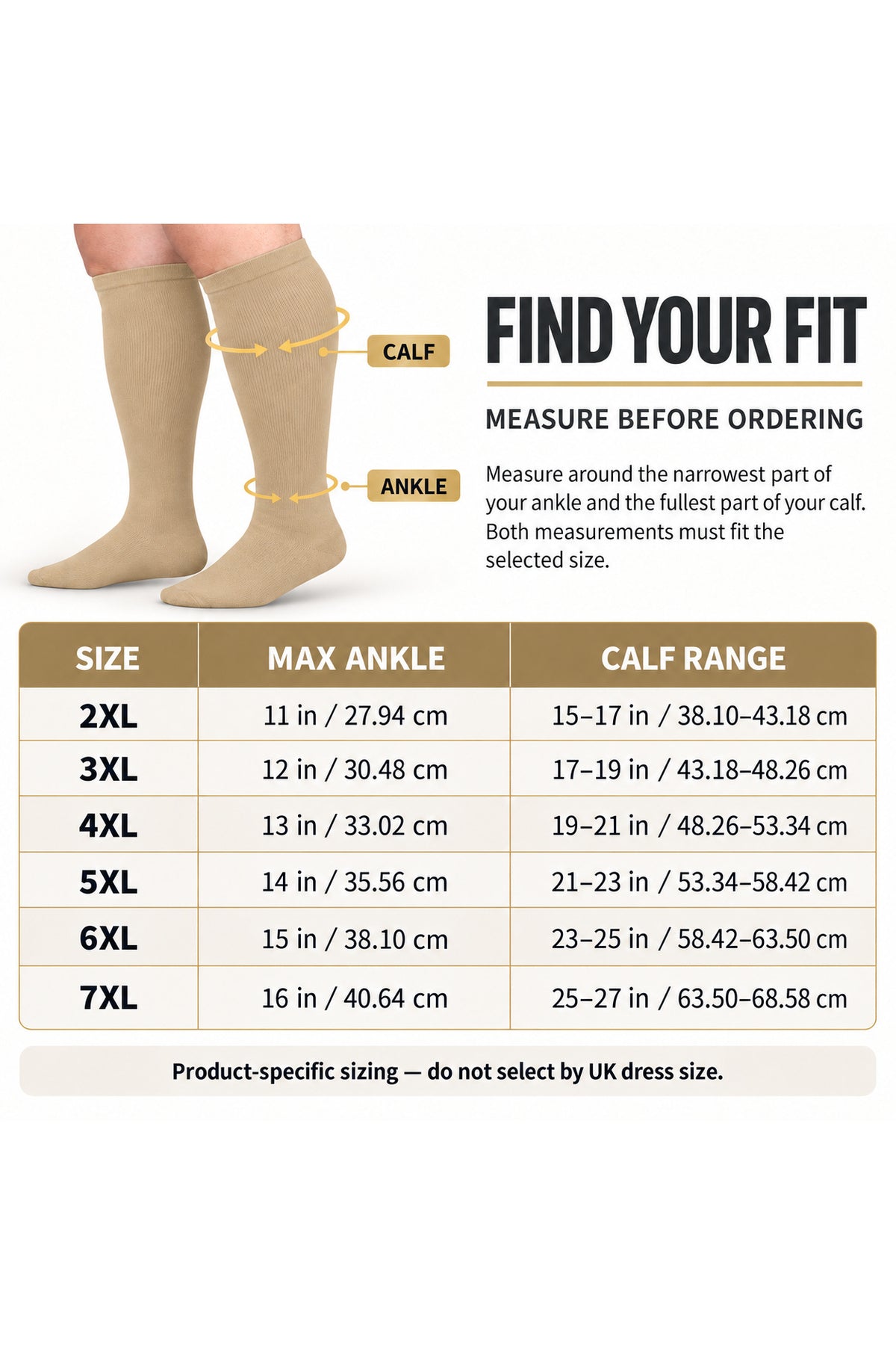 Nude Wide-Calf Graduated Compression Socks 15–24 mmHg – 2XL–7XL – graduated compression