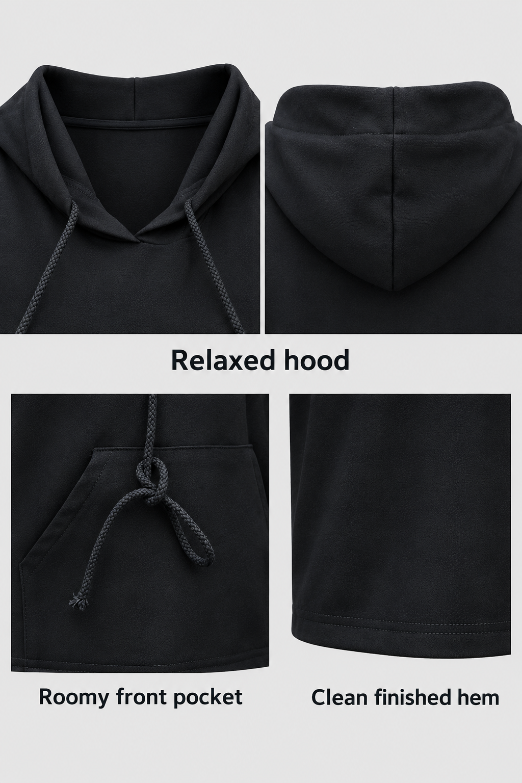 Close-up details of the hood, drawcords, roomy front pocket and clean finished hem