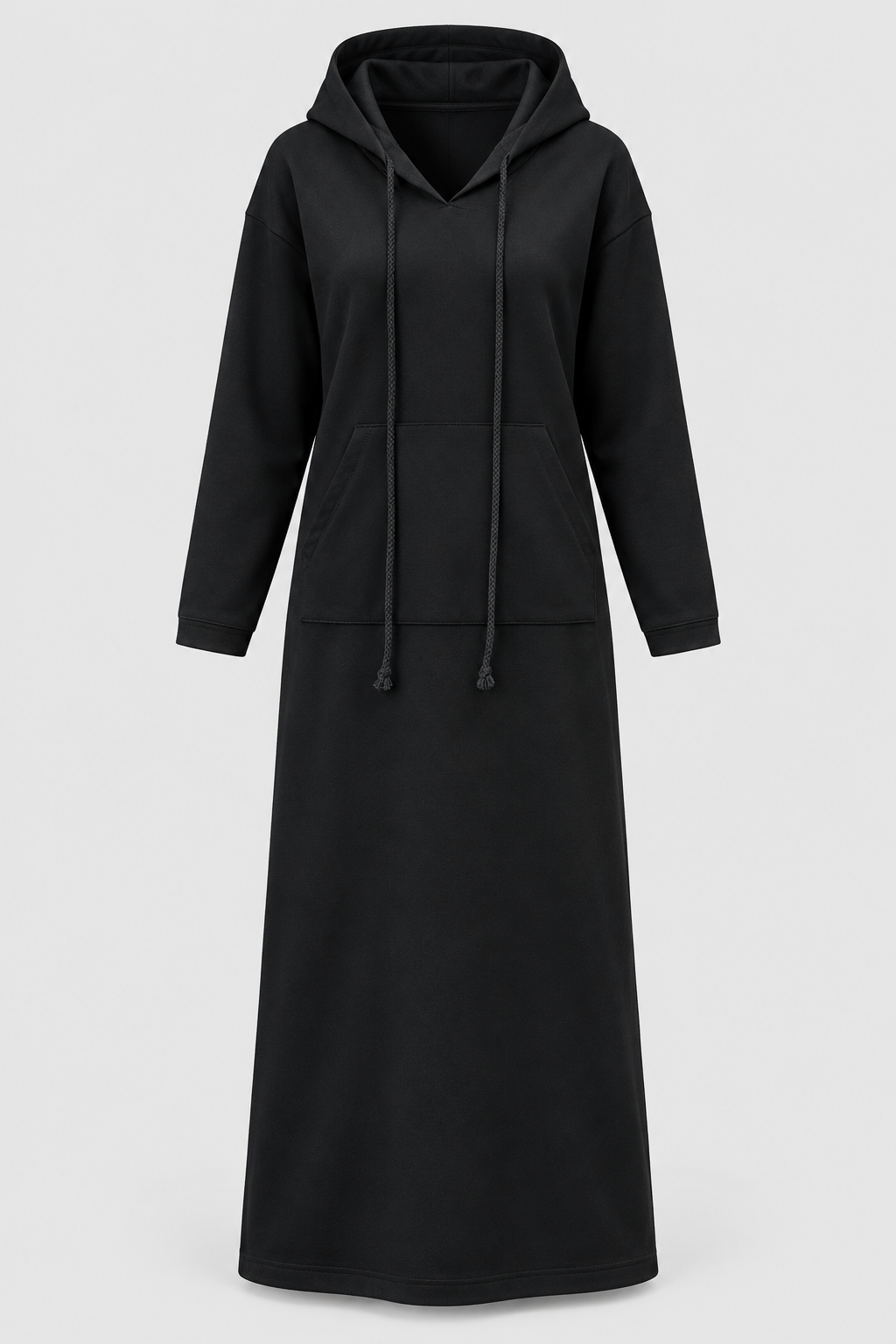 Black plus size hooded maxi sweatshirt dress front product view with drawcords and kangaroo pocket