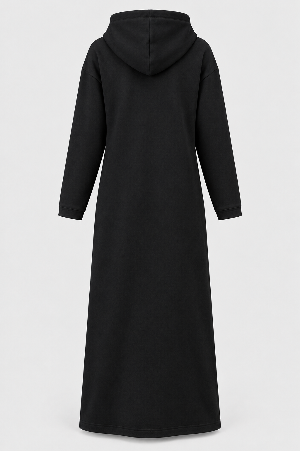 Black hooded maxi sweatshirt dress back product view showing the relaxed straight shape