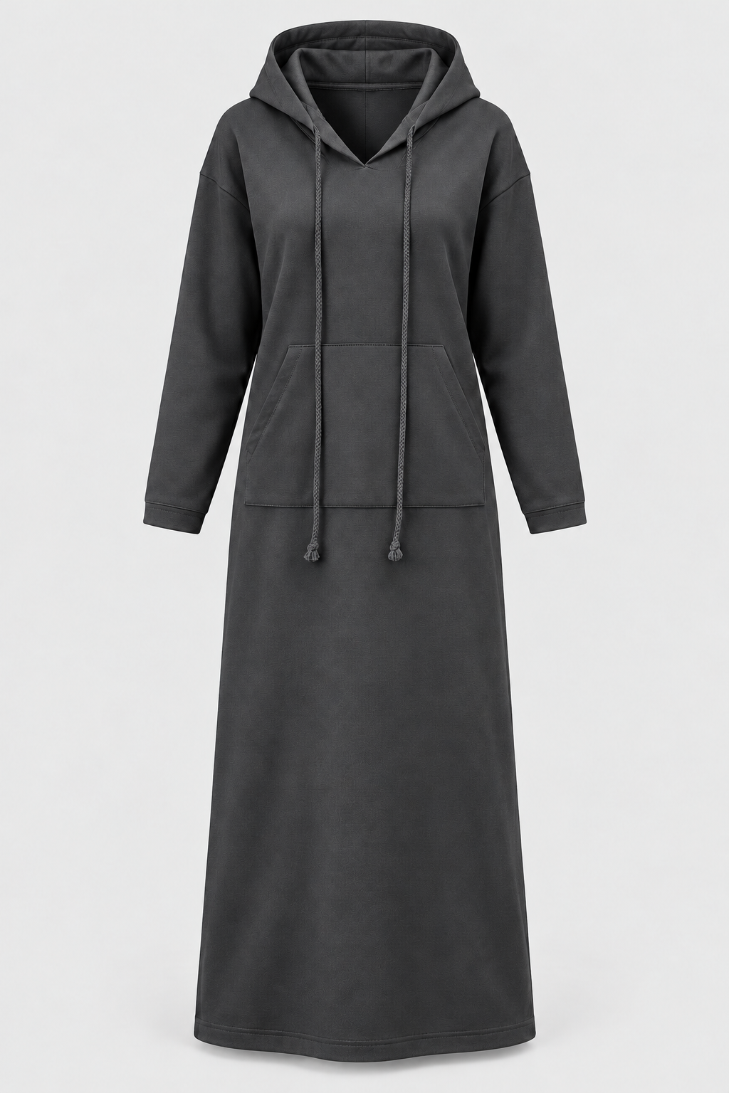 Dark Grey plus size hooded maxi sweatshirt dress front product view with drawcords and kangaroo pocket