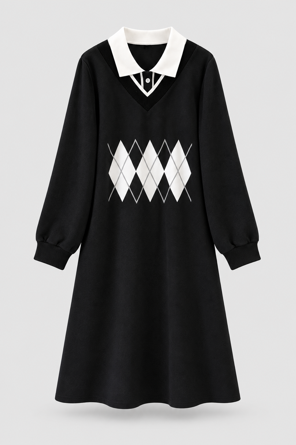 Black argyle layered-look polo sweatshirt dress front product view