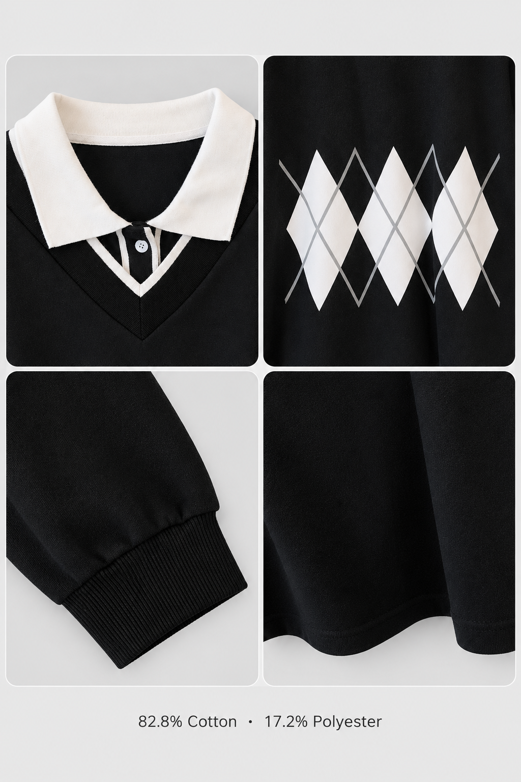 Close-up details of the polo collar, argyle front, ribbed cuff and sweatshirt fabric