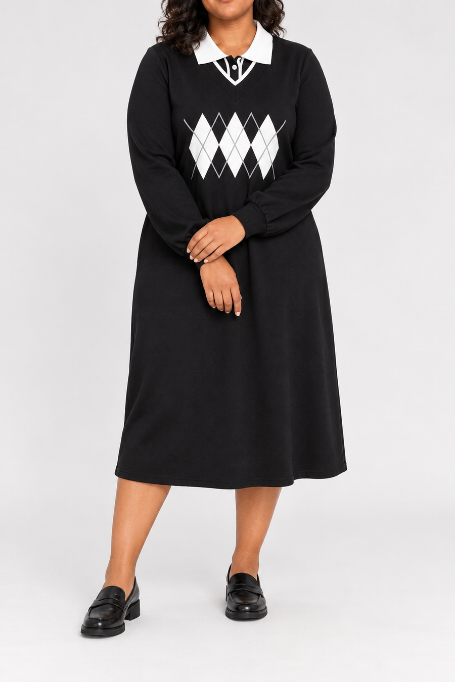 Argyle Layered-Look Polo Sweatshirt Dress